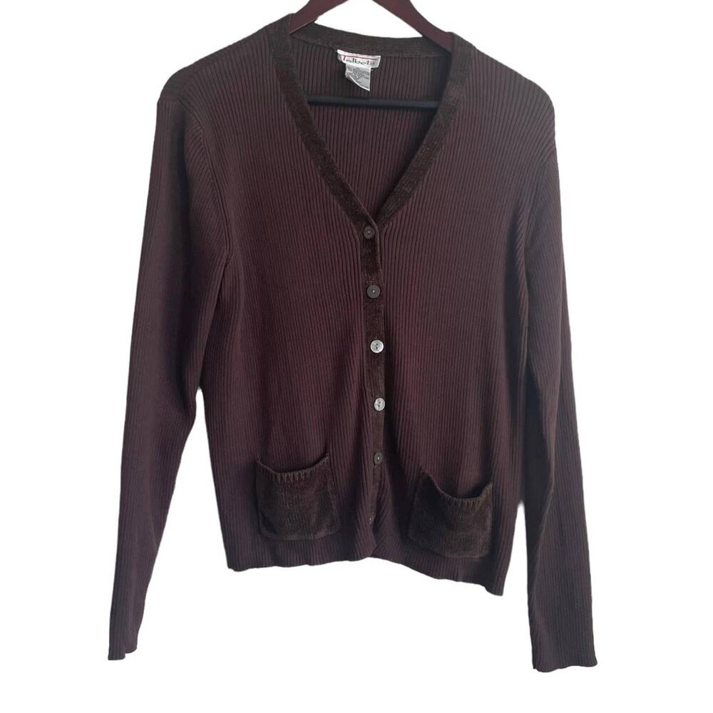 Vintage Talbots Women Cardigan XL Brown Ribbed Button Up Minimalistic Retro 80s